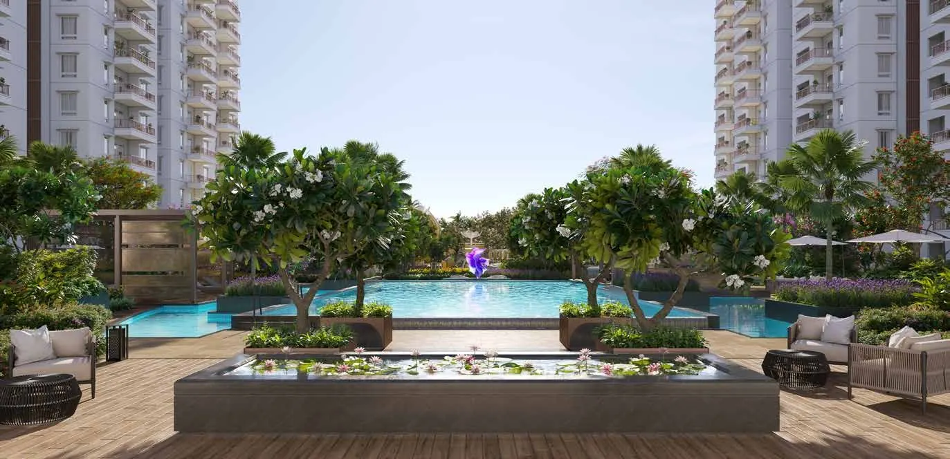 The community swimming pool and planted walkways between the residential towers.
