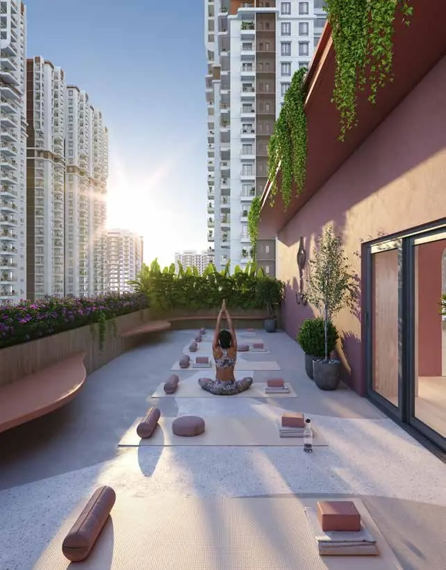 An open-air yoga deck overlooking the city.