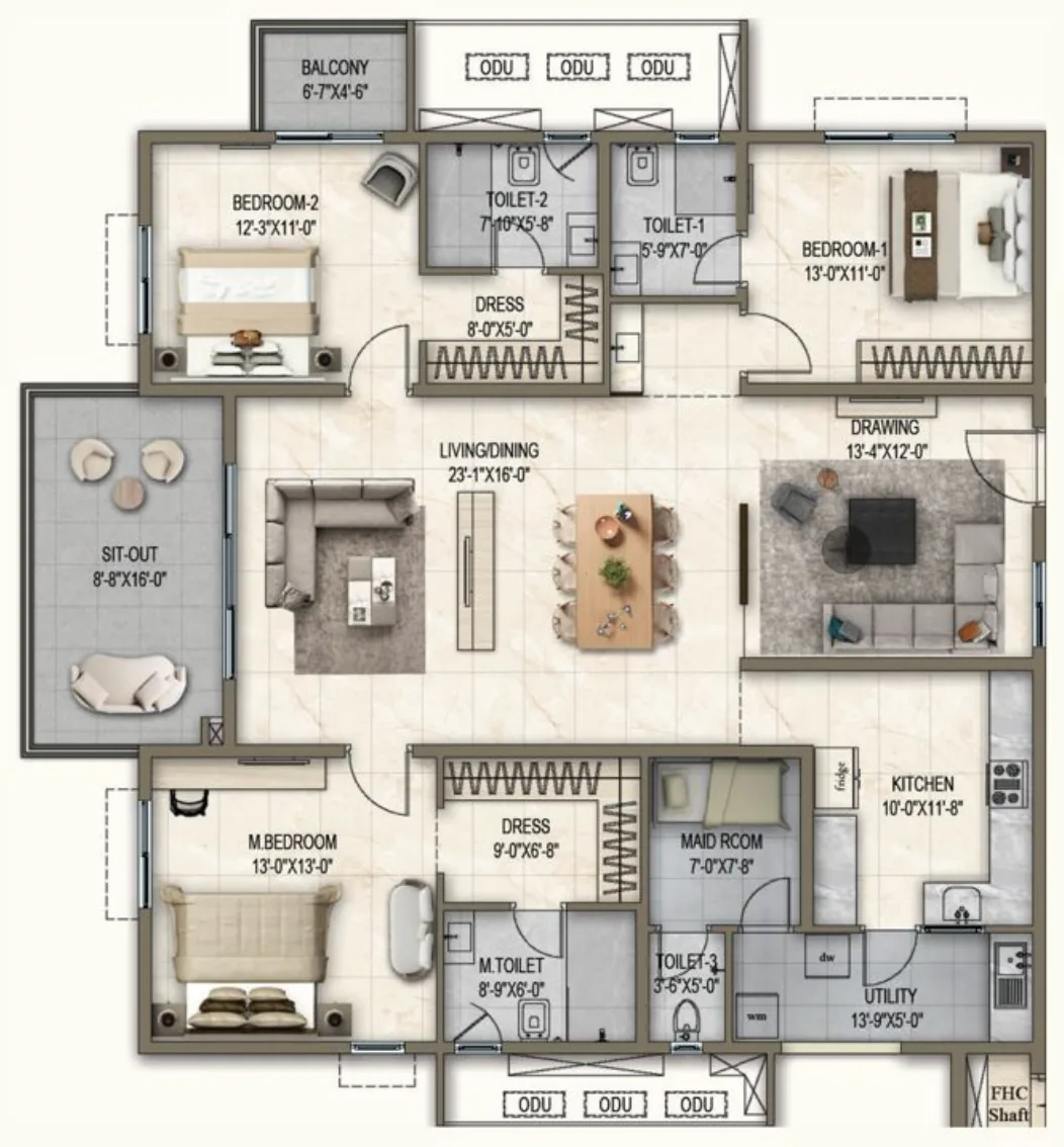 Alpine & Dewdrop, Unit 01: 2,535 sq ft, 3 BHK + Maid, East facing floor plan.