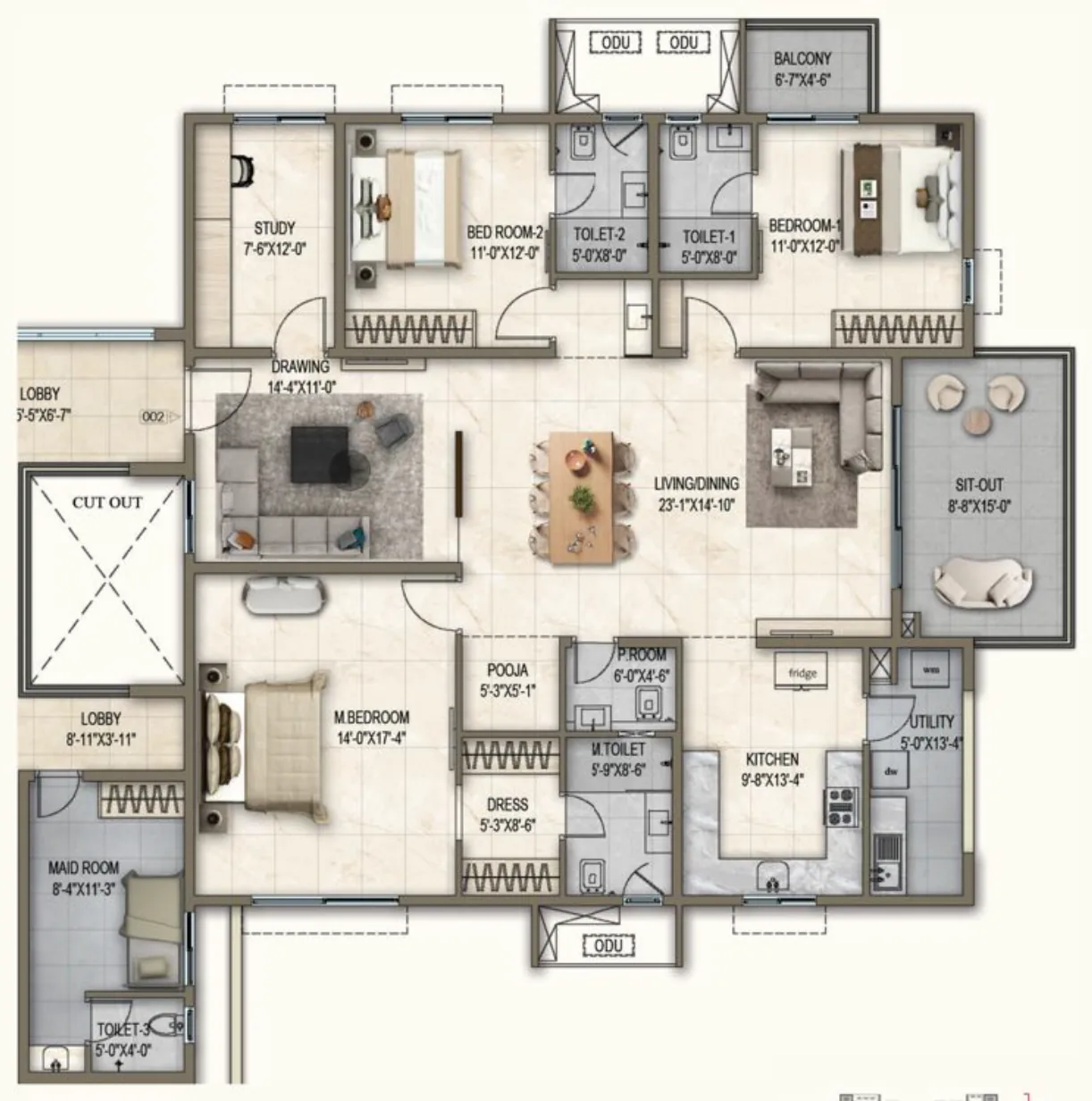 Alpine & Dewdrop, Unit 02: 2,740 sq ft, 3.5 BHK + Maid, West facing floor plan.