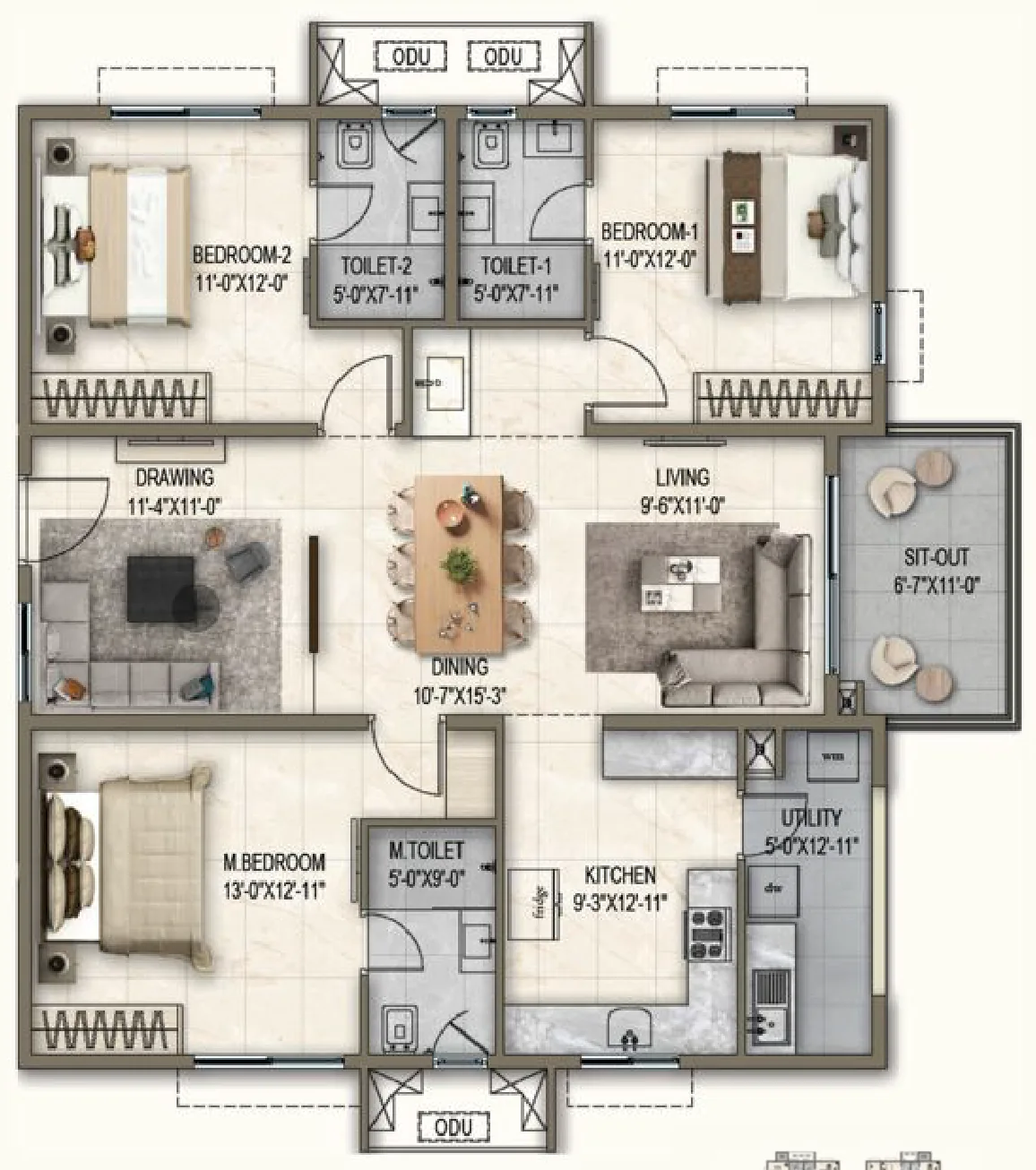 Alpine & Dewdrop, Unit 04: 1,830 sq ft, 3 BHK / 3T, West facing floor plan.