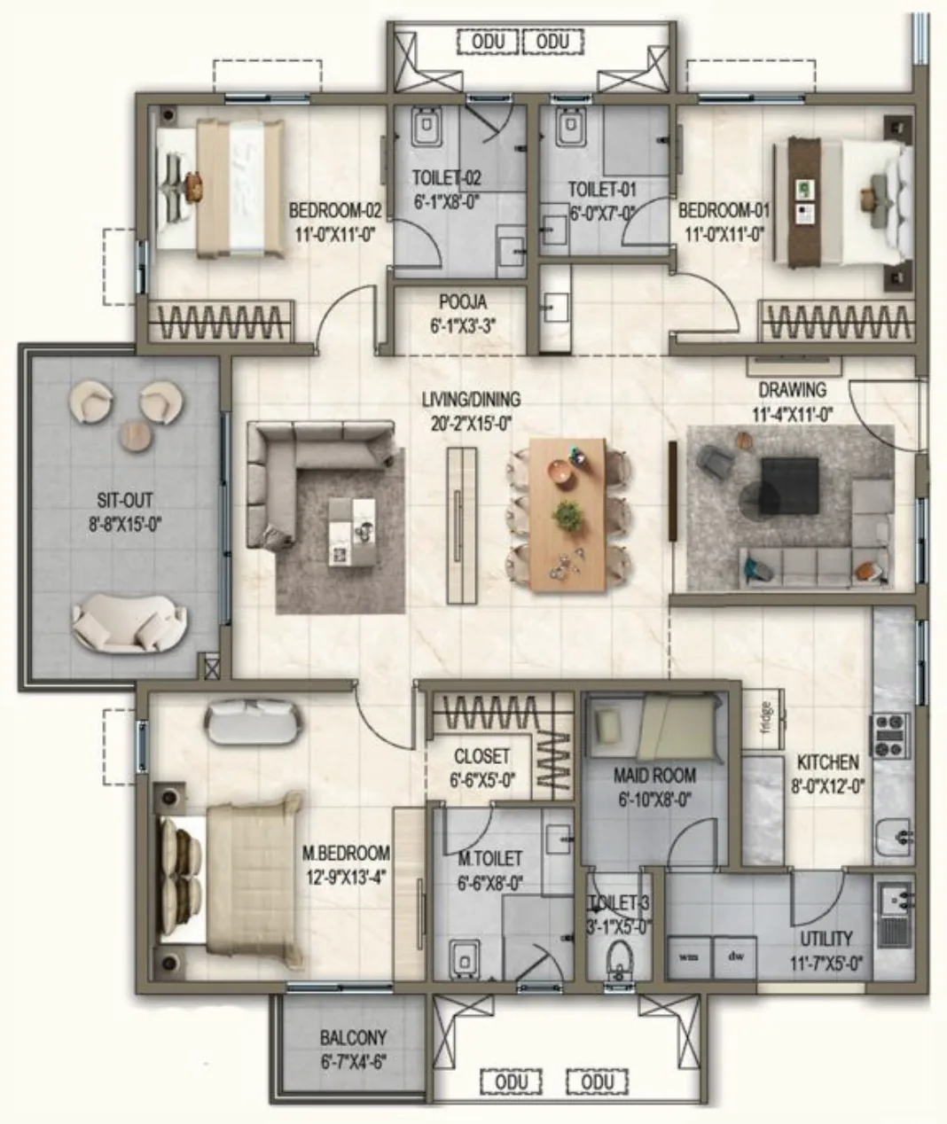 Alpine & Dewdrop, Unit 05: 2,210 sq ft, 3 BHK + Maid, East facing floor plan.
