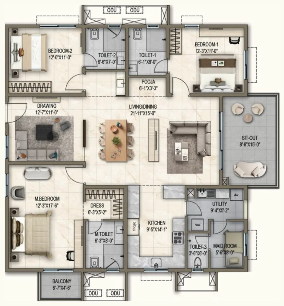 Alpine & Dewdrop, Unit 06: 2,380 sq ft, 3 BHK + Maid, West facing floor plan.