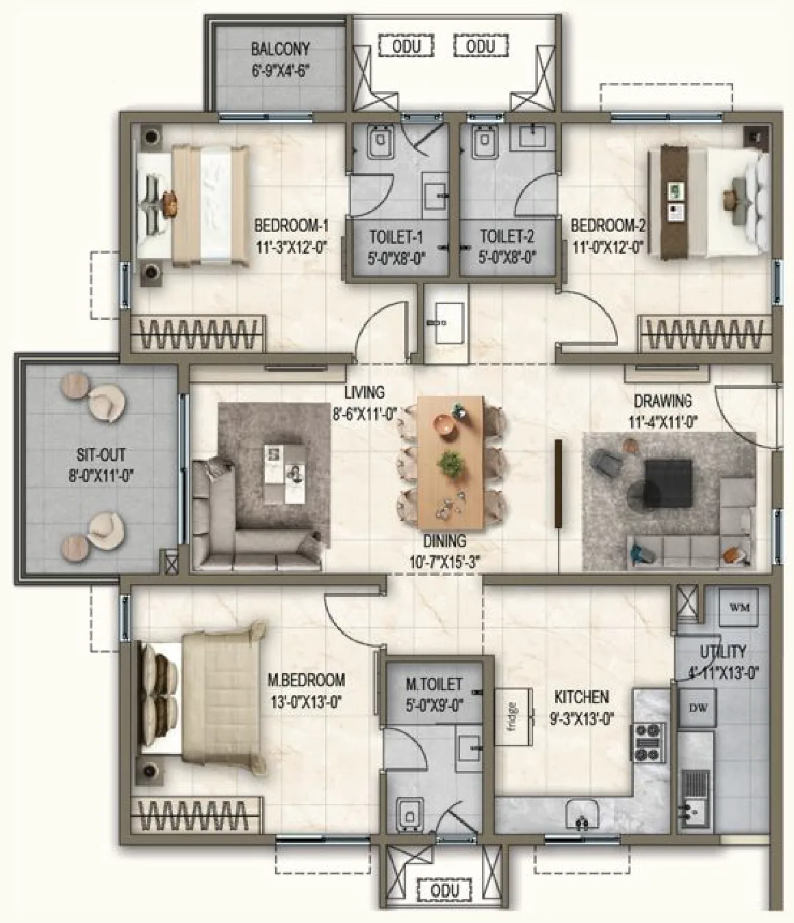 Blossom & Cascade, Unit 01: 1,905 sq ft, 3 BHK / 3T, East facing floor plan.