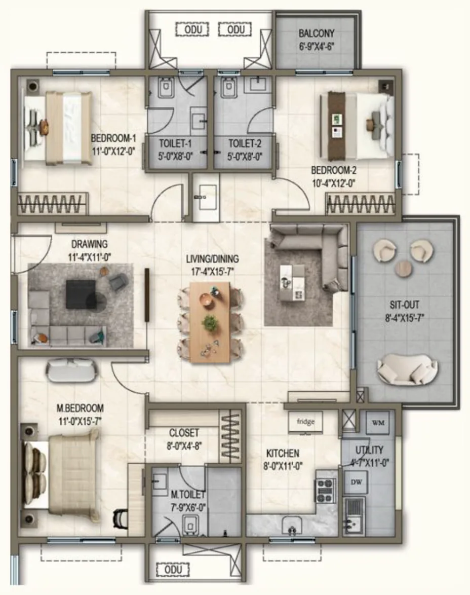 Blossom & Cascade, Unit 02: 2,000 sq ft, 3 BHK / 3T, West facing floor plan.