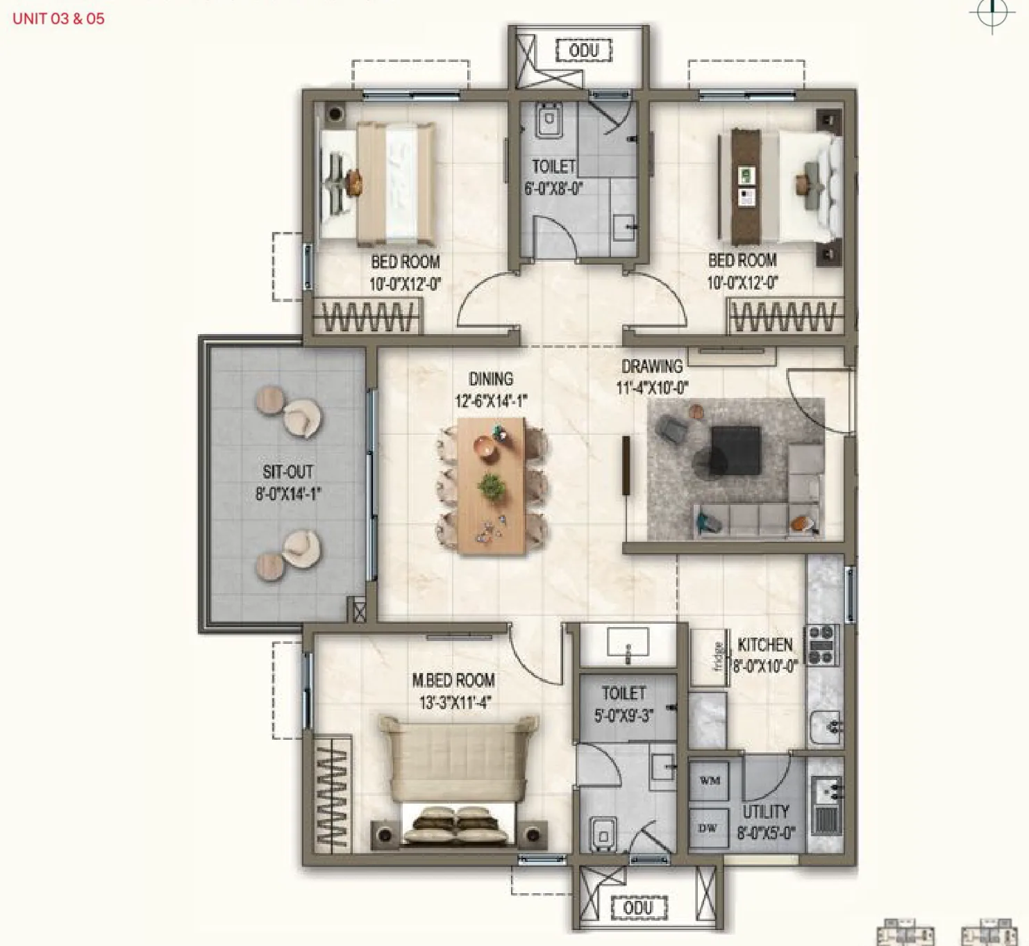 Blossom & Cascade, Unit 03 & 05: 1,585 sq ft, 3 BHK / 2T, East facing floor plan.