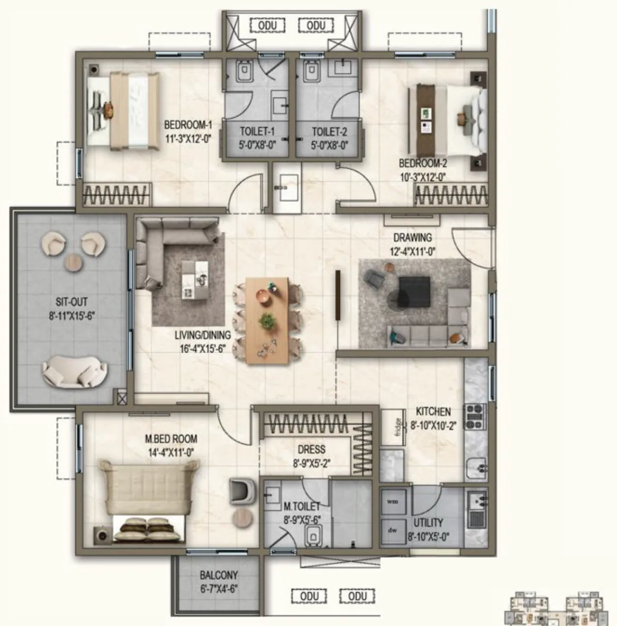 Blossom & Cascade, Unit 07: 2,030 sq ft, 3 BHK / 3T, East facing floor plan.