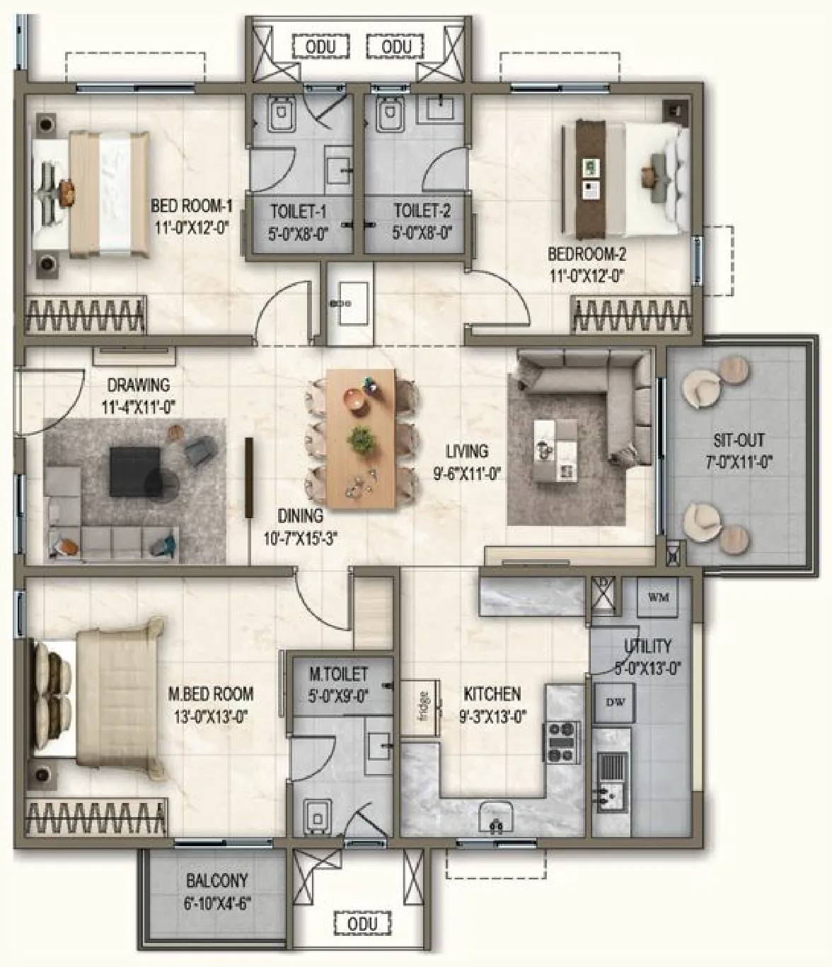 Blossom & Cascade, Unit 08: 1,890 sq ft, 3 BHK / 3T, West facing floor plan.